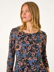 Roman Blue Floral Print Hanky Hem Stretch Dress - Image 4 of 5
