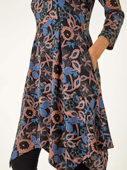Roman Blue Floral Print Hanky Hem Stretch Dress - Image 5 of 5