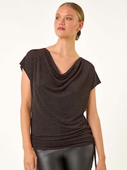 Roman Metallic Black Glitter Cowl Neck Top - Image 3 of 6