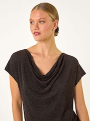 Roman Metallic Black Glitter Cowl Neck Top - Image 5 of 6