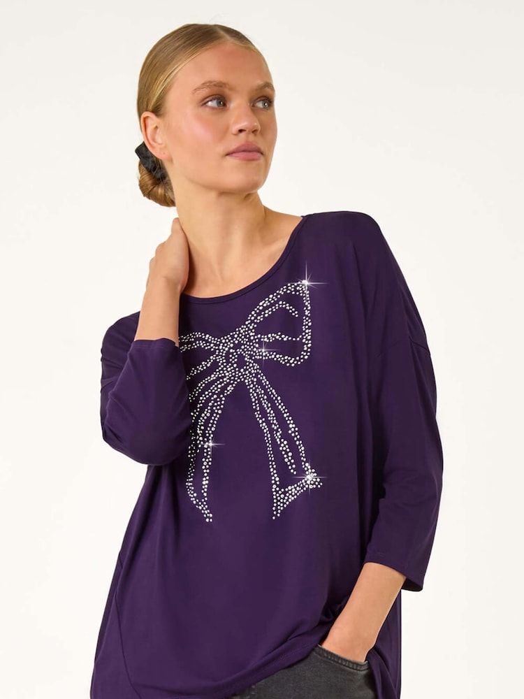 Roman Purple Hotfix Embellished Bow T-Shirt - Image 1 of 5