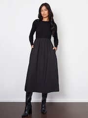 Threadbare Black Ribbed Jersey 2-in-1 Midi Dress with Poplin Skirt - Image 1 of 4