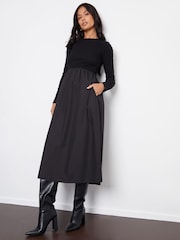Threadbare Black Ribbed Jersey 2-in-1 Midi Dress with Poplin Skirt - Image 2 of 4