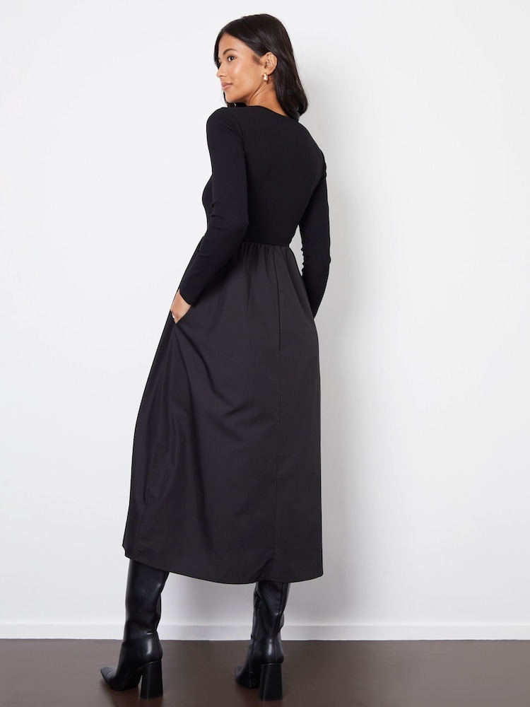 Threadbare Black Ribbed Jersey 2-in-1 Midi Dress with Poplin Skirt - Image 3 of 4