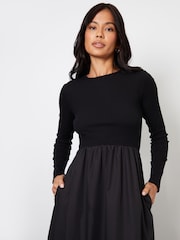 Threadbare Black Ribbed Jersey 2-in-1 Midi Dress with Poplin Skirt - Image 4 of 4