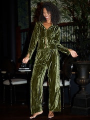 Threadbare Green Crinkle Velvet Wide Leg Trousers - Image 3 of 4