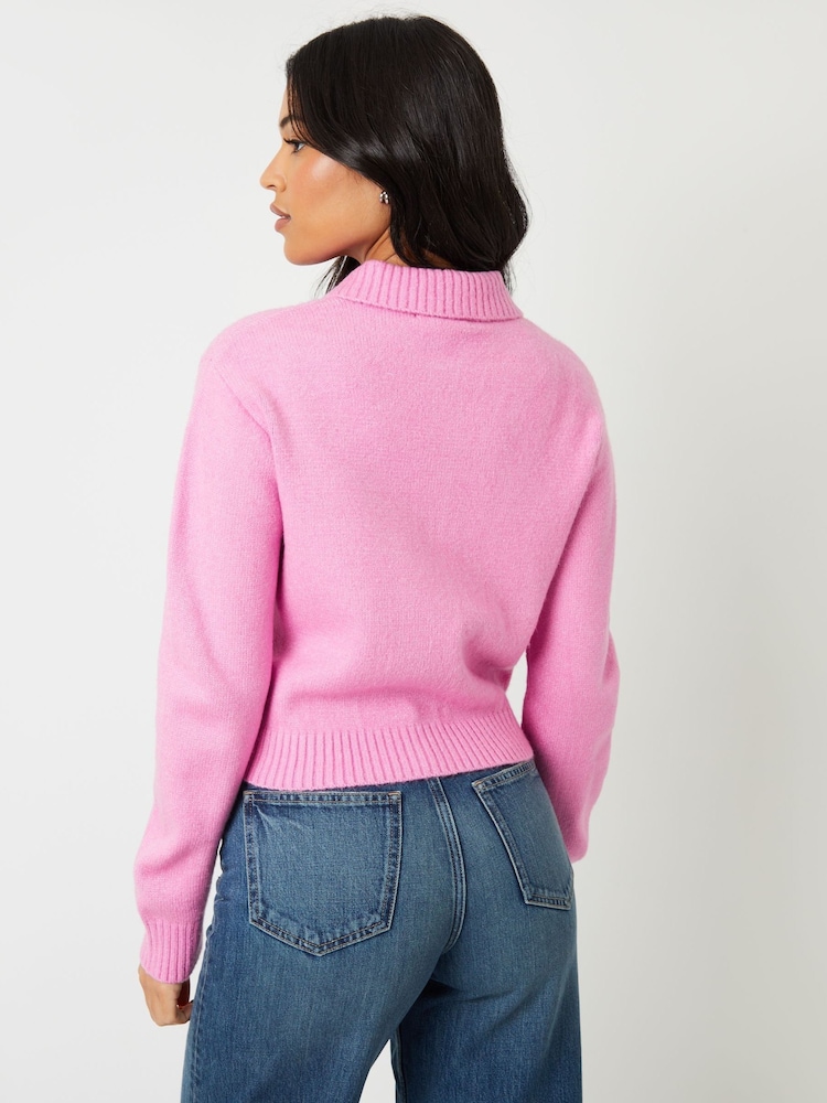 Threadbare Pink Cropped Knitted Cardigan With Collar - Image 3 of 4