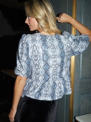 Threadbare Grey Snake Print Sequin Tie Front Smock Blouse - Image 2 of 4