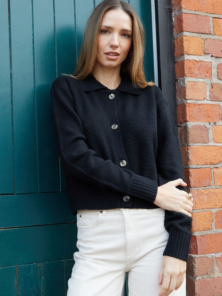 Threadbare Black Cropped Knitted Cardigan With Collar - Image 1 of 4