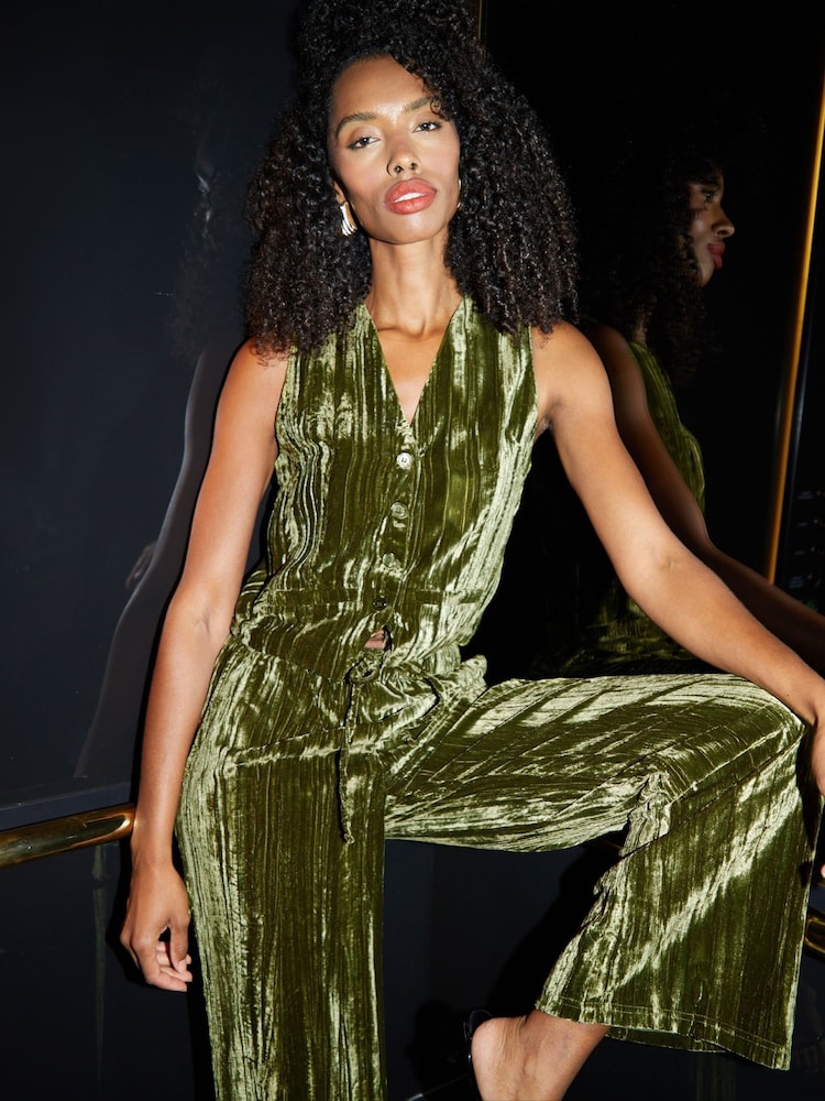 Threadbare Green Crinkle Velvet Waistcoat - Image 1 of 4