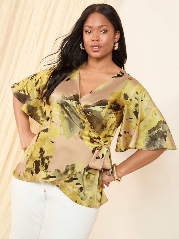 Friends Like These Yellow Curve Printed Wrap Top - Image 1 of 5