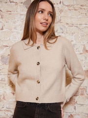 Threadbare Natural Cropped Knitted Cardigan With Collar - Image 1 of 5