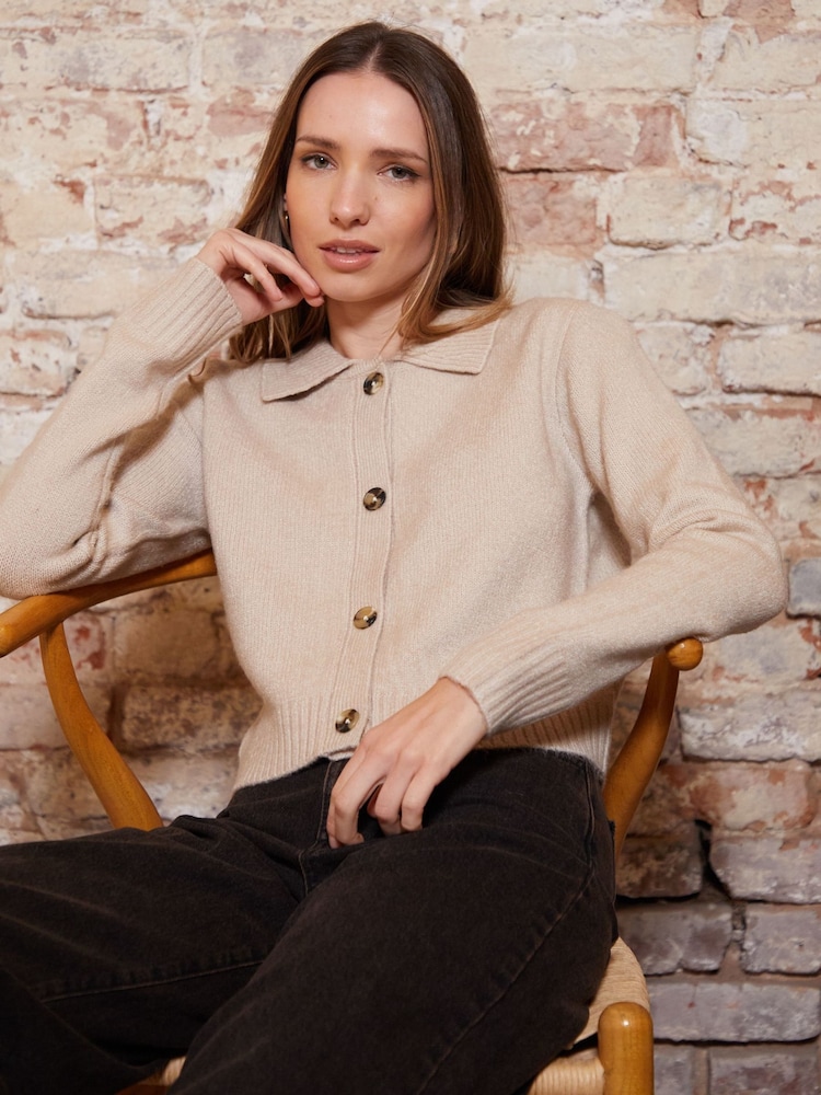 Threadbare Natural Cropped Knitted Cardigan With Collar - Image 2 of 5