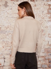 Threadbare Natural Cropped Knitted Cardigan With Collar - Image 3 of 5