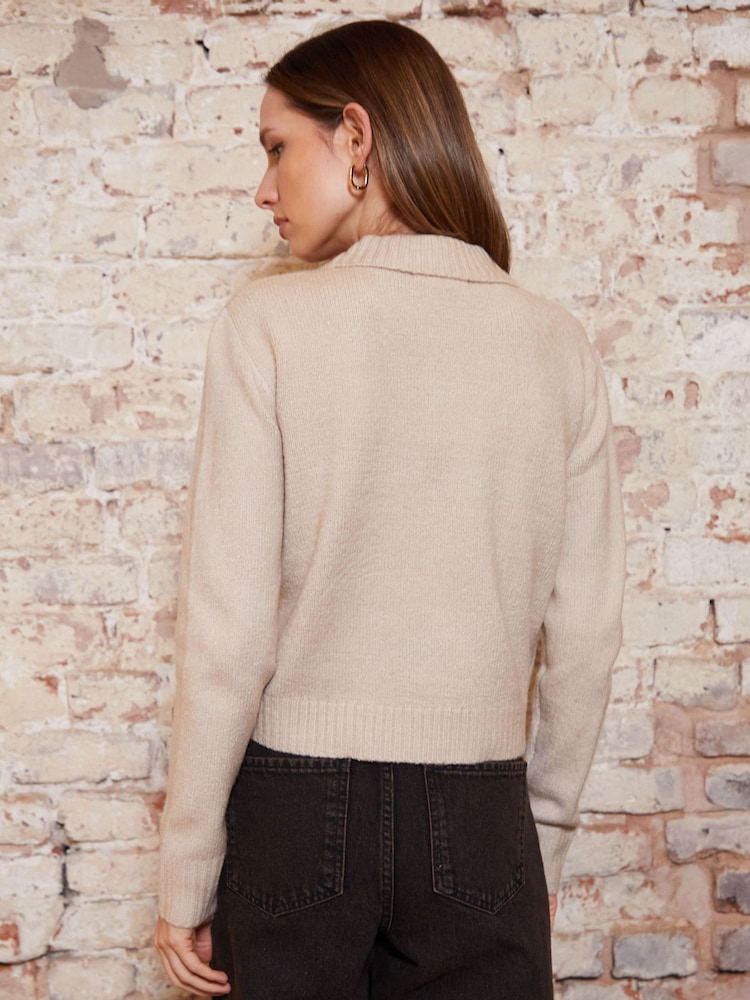 Threadbare Natural Cropped Knitted Cardigan With Collar - Image 3 of 5