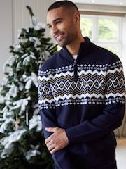 Threadbare Weihnachtspullover mit Norwegermuster und Viertelreißverschluss - Bild 1 von 5