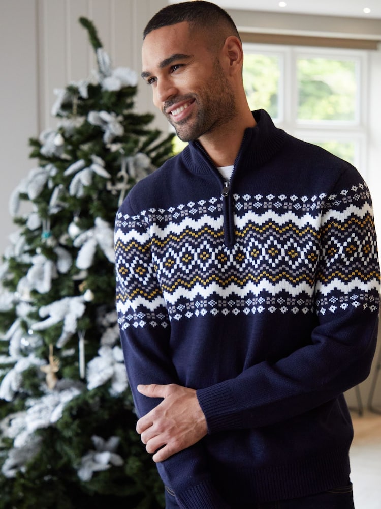 Threadbare Weihnachtspullover mit Norwegermuster und Viertelreißverschluss - Bild 1 von 5 Threadbare Weihnachtspullover mit Norwegermuster und Viertelreißverschluss - Bild 1 von 5