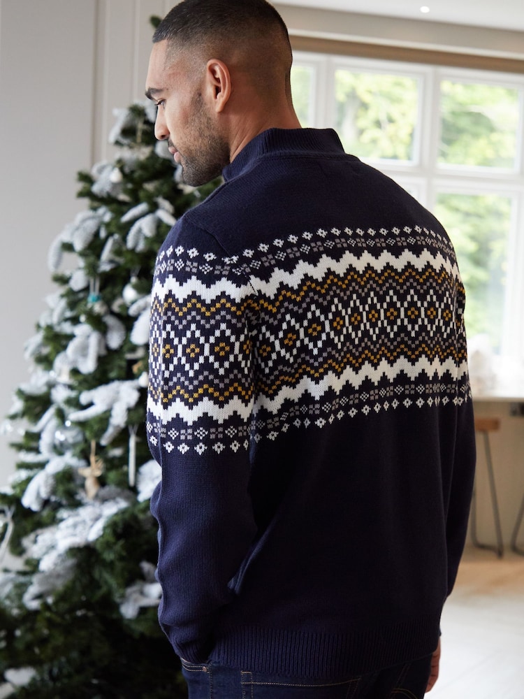 Threadbare Weihnachtspullover mit Norwegermuster und Viertelreißverschluss - Bild 2 von 5