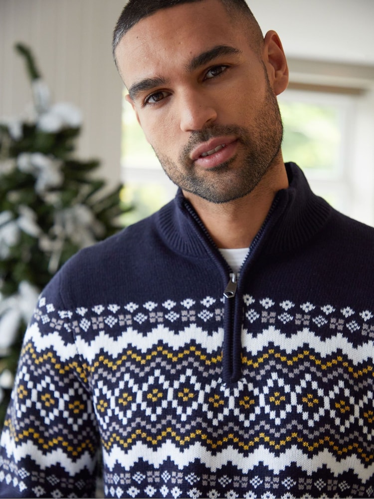 Threadbare Weihnachtspullover mit Norwegermuster und Viertelreißverschluss - Bild 5 von 5