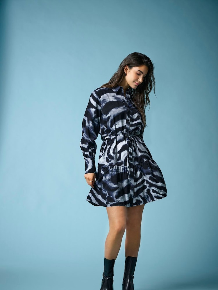JDY Grey Zebra Print Long Sleeve Shirt Dress - Image 2 of 6