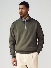 Khaki Green Marl Jersey Cotton Rich Quarter Zip Sweatshirt - Image 1 of 7