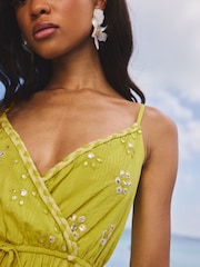 Lipsy Lime Green 100% Cotton Embroidered and Embellished Cami Playsuit - Image 2 of 5