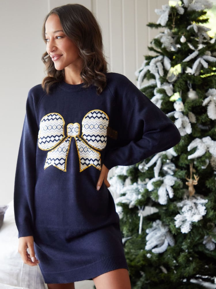 Threadbare Blue Embellished Longline Knitted Jumper - Image 1 of 4