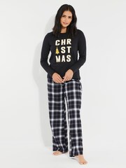 Threadbare Black/White Curve 100% Cotton Long Sleeve Christmas Check Pyjamas Set - Image 1 of 5