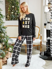Threadbare Black/White Curve 100% Cotton Long Sleeve Christmas Check Pyjamas Set - Image 3 of 5