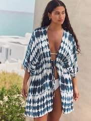 Navy Tie Dye Print Longline Tie Waist Kimono Cover-Up - Image 1 of 8
