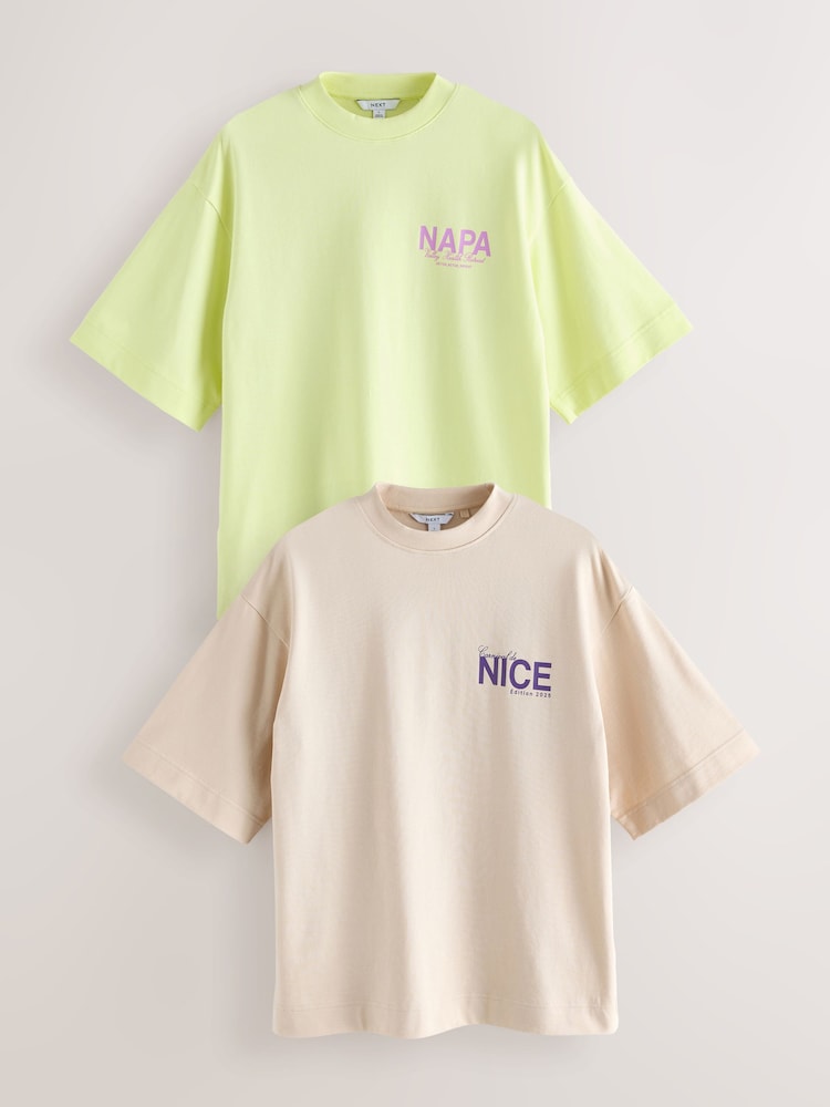 Lime & Neutral Oversized City Graphic Short Sleeve Crewneck 100% Cotton T-Shirts 2 Pack - Image 1 of 14 Lime & Neutral Oversized City Graphic Short Sleeve Crewneck 100% Cotton T-Shirts 2 Pack - Image 1 of 14
