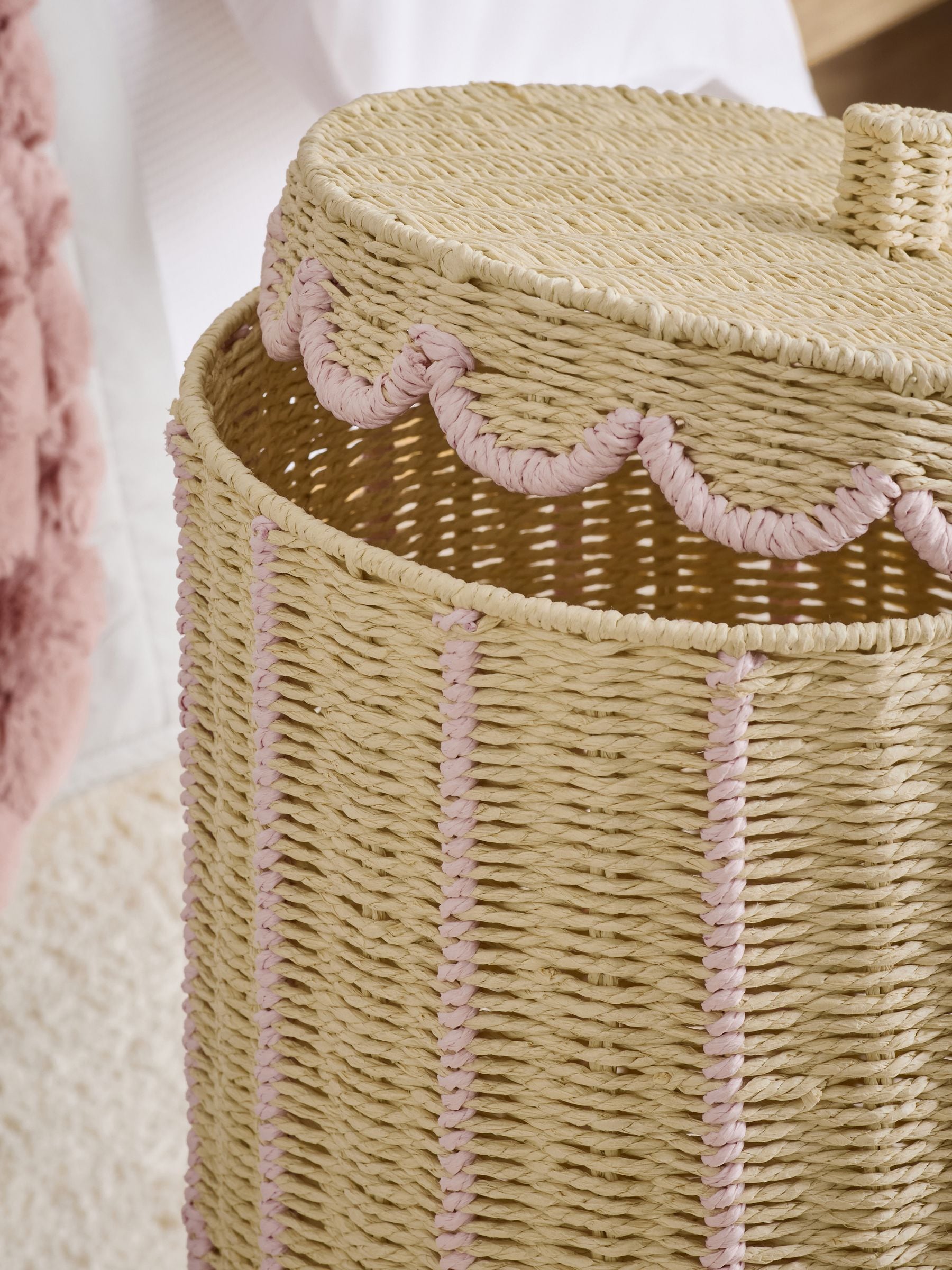 Buy Natural/Pink Hamper Scallop Wicker Laundry Basket with Lid