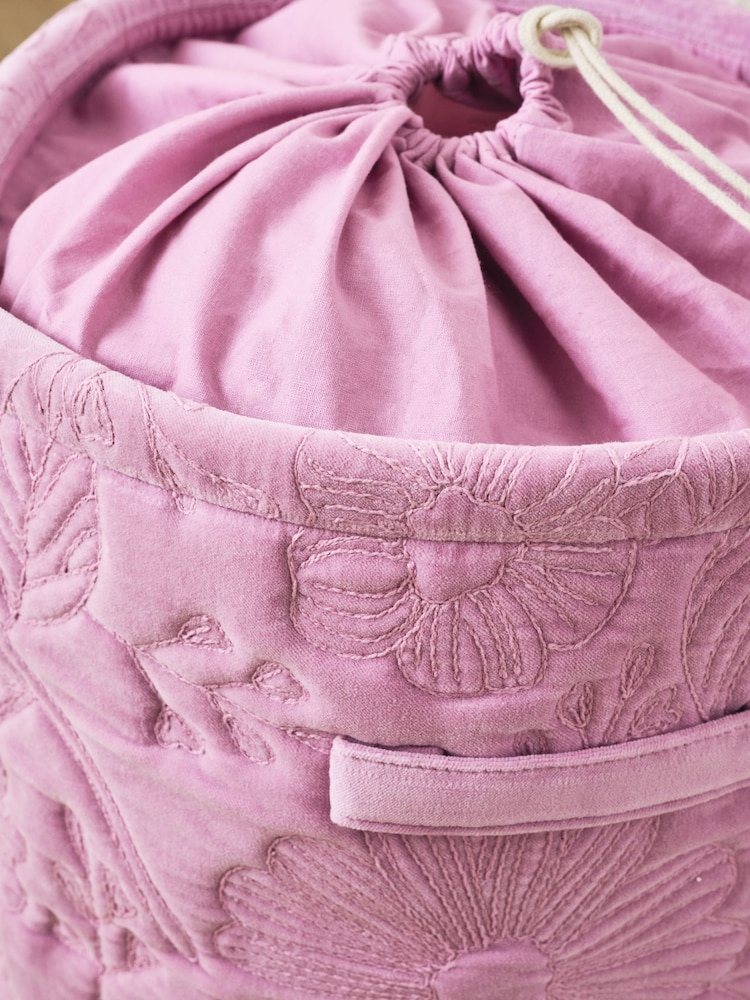 Purple Floral Print Embroidered Laundry Bag Basket - Image 2 of 3