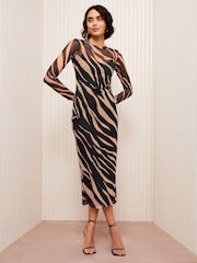 Friends Like These Brown Petite Long Sleeve Mesh Midi Dress - Image 3 of 4