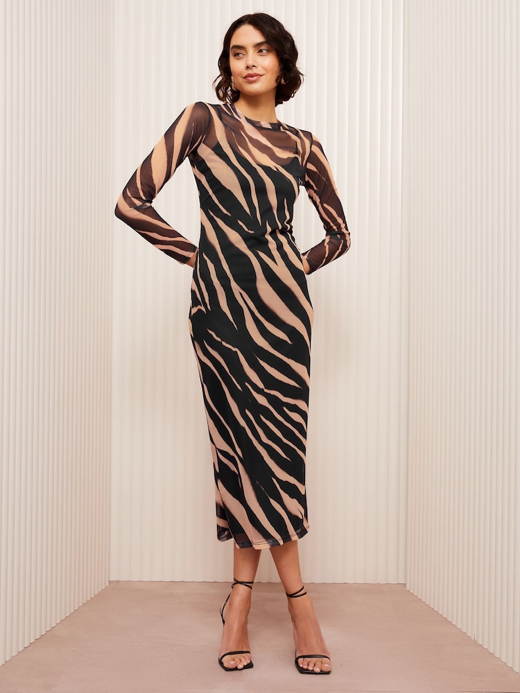Bruin - Friends Like These mesh midi-jurk met lange mouwen - Image 3 of 4