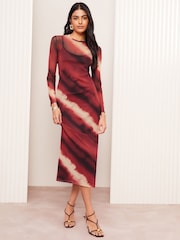 Friends Like These Red Petite Long Sleeve Mesh Midi Dress - Image 1 of 4