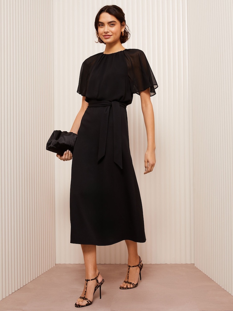 Friends Like These Black Petite Scuba Chiffon Flutter Sleeve Midi Dress - Image 1 of 4