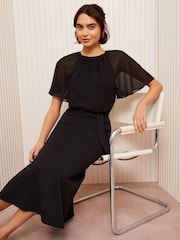 Friends Like These Black Petite Scuba Chiffon Flutter Sleeve Midi Dress - Image 2 of 4
