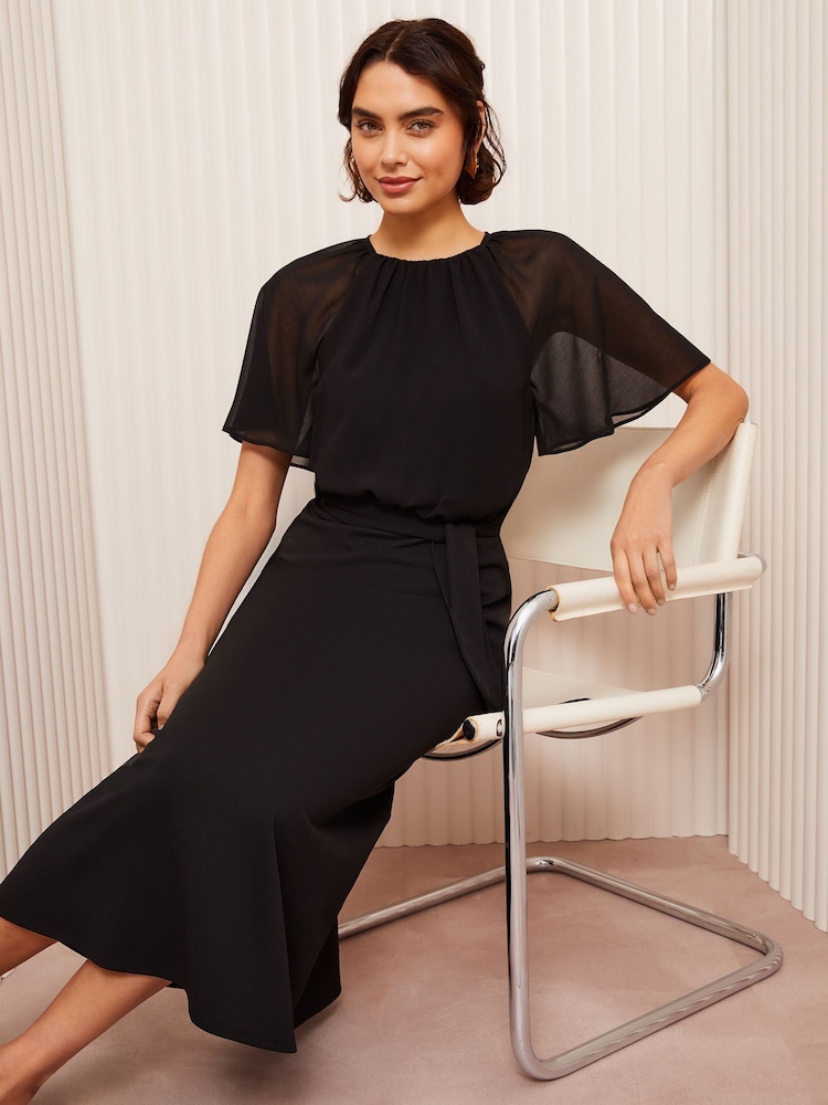 Friends Like These Black Petite Scuba Chiffon Flutter Sleeve Midi Dress - Image 2 of 4