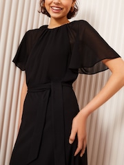 Friends Like These Black Petite Scuba Chiffon Flutter Sleeve Midi Dress - Image 3 of 4