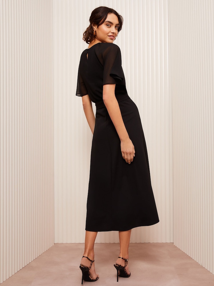 Friends Like These Black Petite Scuba Chiffon Flutter Sleeve Midi Dress - Image 4 of 4