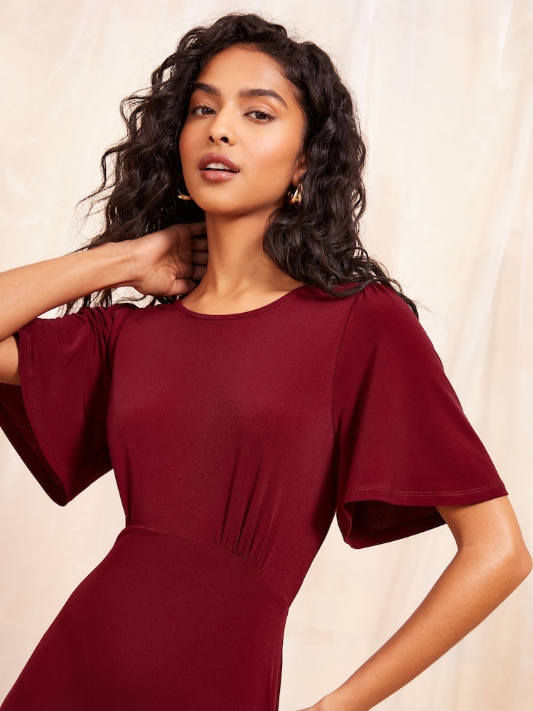 Friends Like These Burgundy Red Petite ITY Flutter Short Sleeve Midi Dress - Image 2 of 4