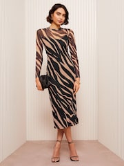 Friends Like These Brown Long Sleeve Mesh Midi Dress - Image 1 of 4