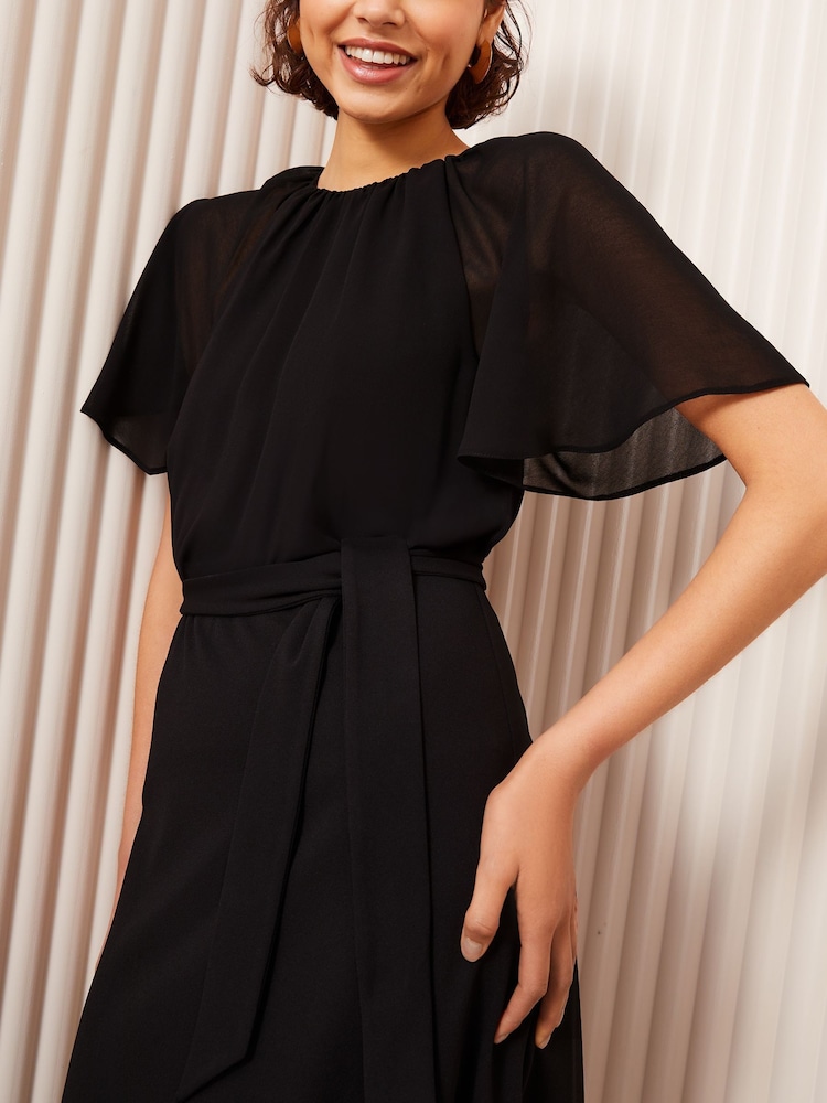 Friends Like These Black Scuba Chiffon Flutter Sleeve Midi Dress - Image 3 of 4