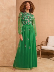 Love & Roses Bright Green Embroidered Angel Sleeve Maxi Dress - Image 1 of 4