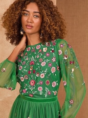 Love & Roses Bright Green Embroidered Angel Sleeve Maxi Dress - Image 2 of 4