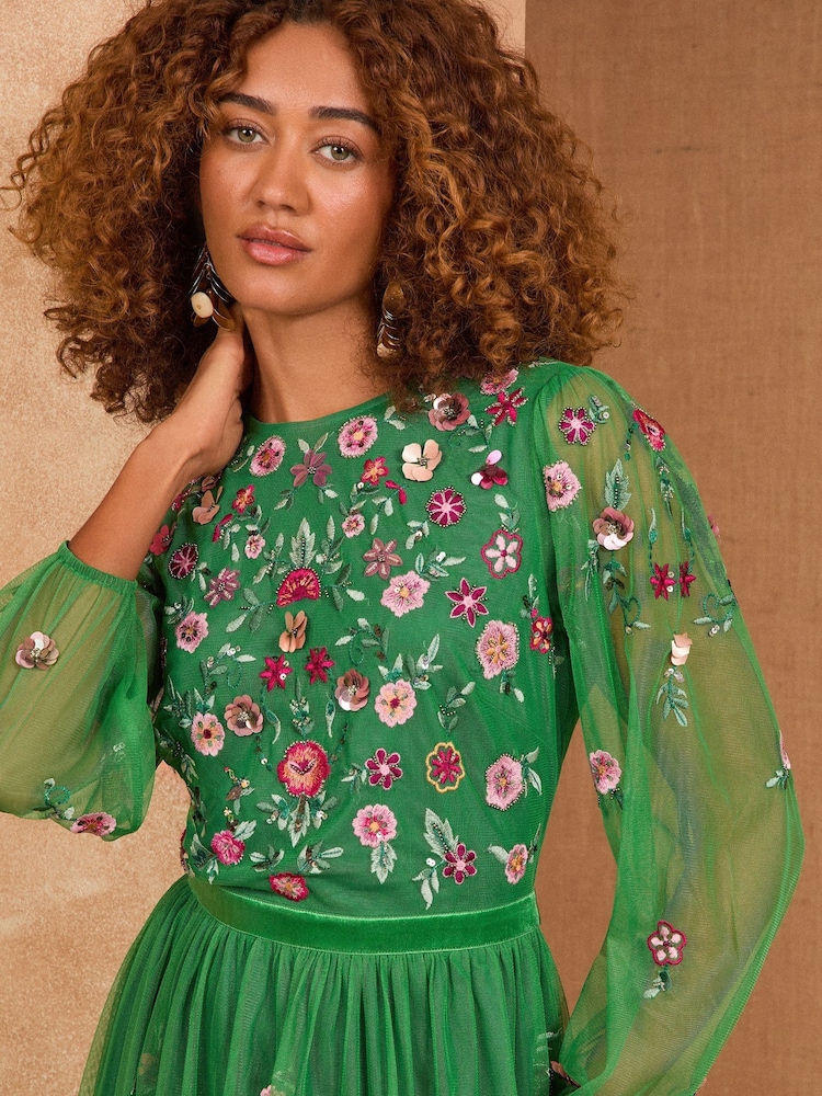 Love & Roses Bright Green Embroidered Angel Sleeve Maxi Dress - Image 2 of 4