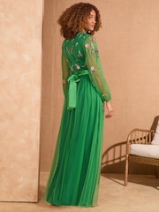 Love & Roses Bright Green Embroidered Angel Sleeve Maxi Dress - Image 3 of 4