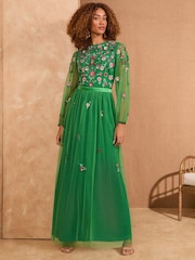 Love & Roses Bright Green Embroidered Angel Sleeve Maxi Dress - Image 4 of 4