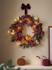 Plum Purple Light Up Autumnal Pumpkin Wreath - Image 1 of 4